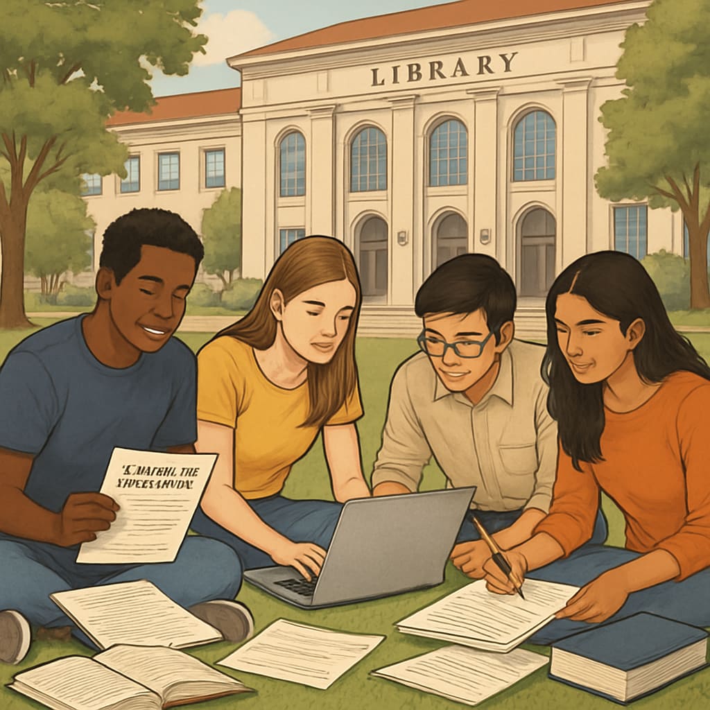 A diverse group of students sitting outside a university library, collaboratively working on financial aid applications. Group of students discussing financial aid applications, representing the challenges of immigrant students.
