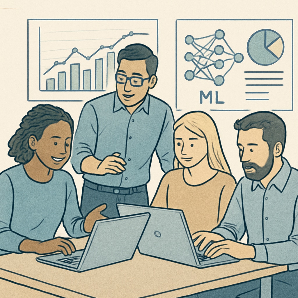 A team of data scientists collaborating on a machine learning project with visual data charts. Data scientists working together on predictive analytics using large datasets.