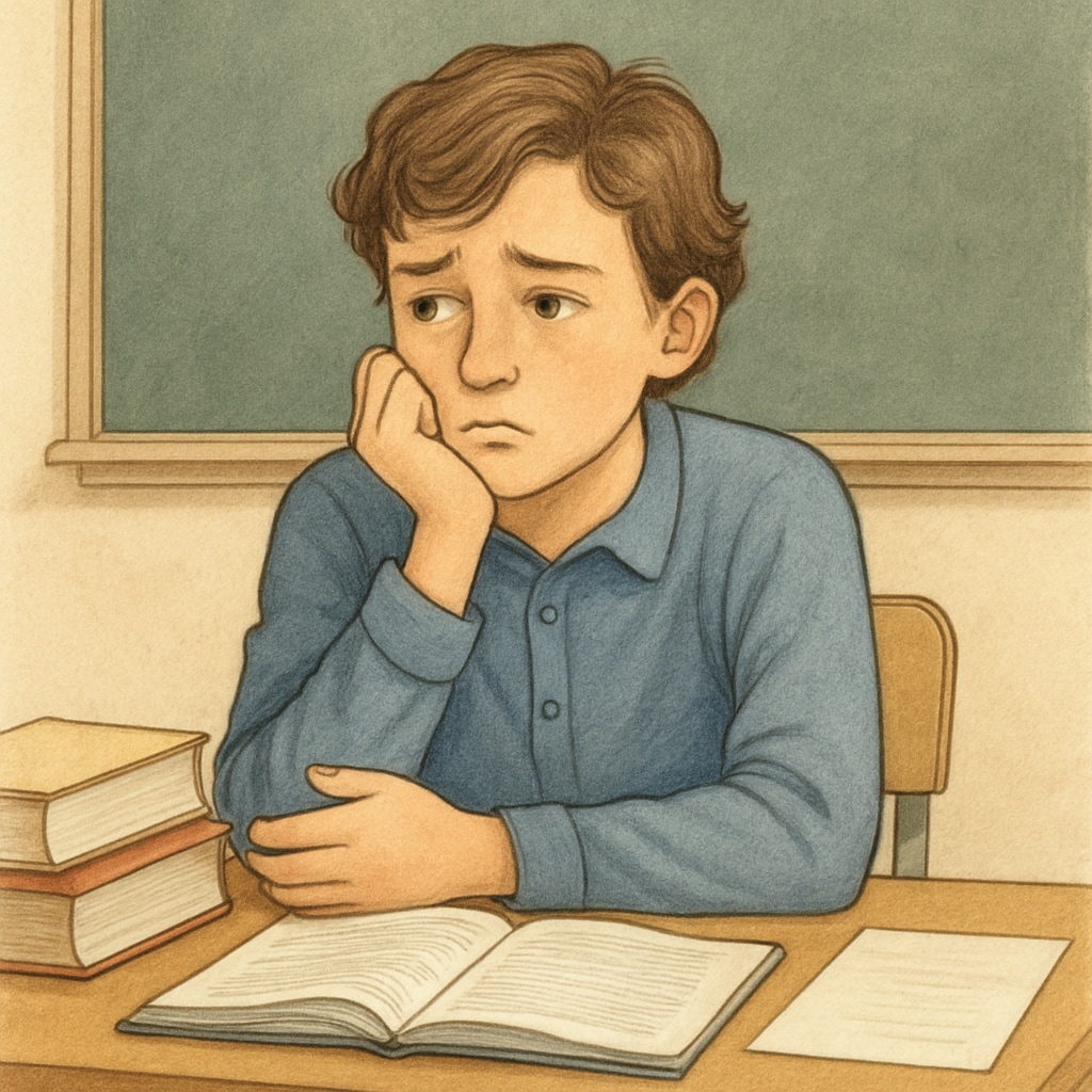 A concerned student sitting alone in a classroom, symbolizing the emotional toll of strict attendance policies. Student sitting alone in a classroom, illustrating the effects of strict attendance systems.