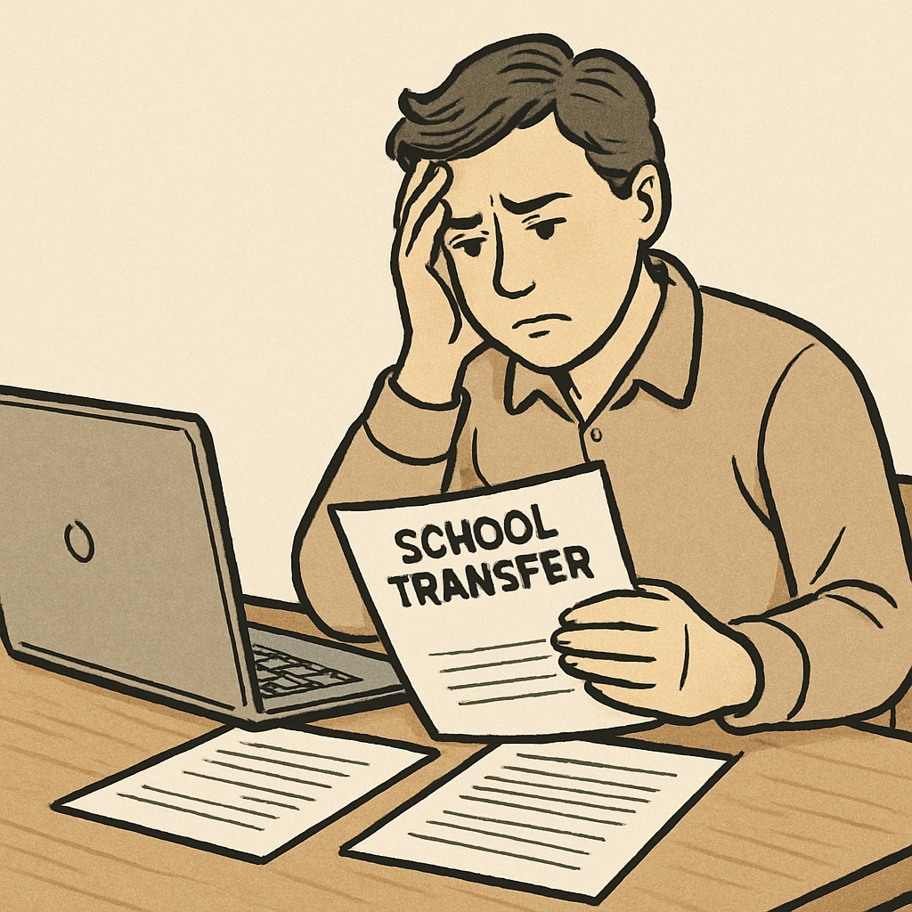 A frustrated parent reviewing school transfer documents with a laptop open on the table. Parent reviewing school transfer documents, highlighting communication challenges.