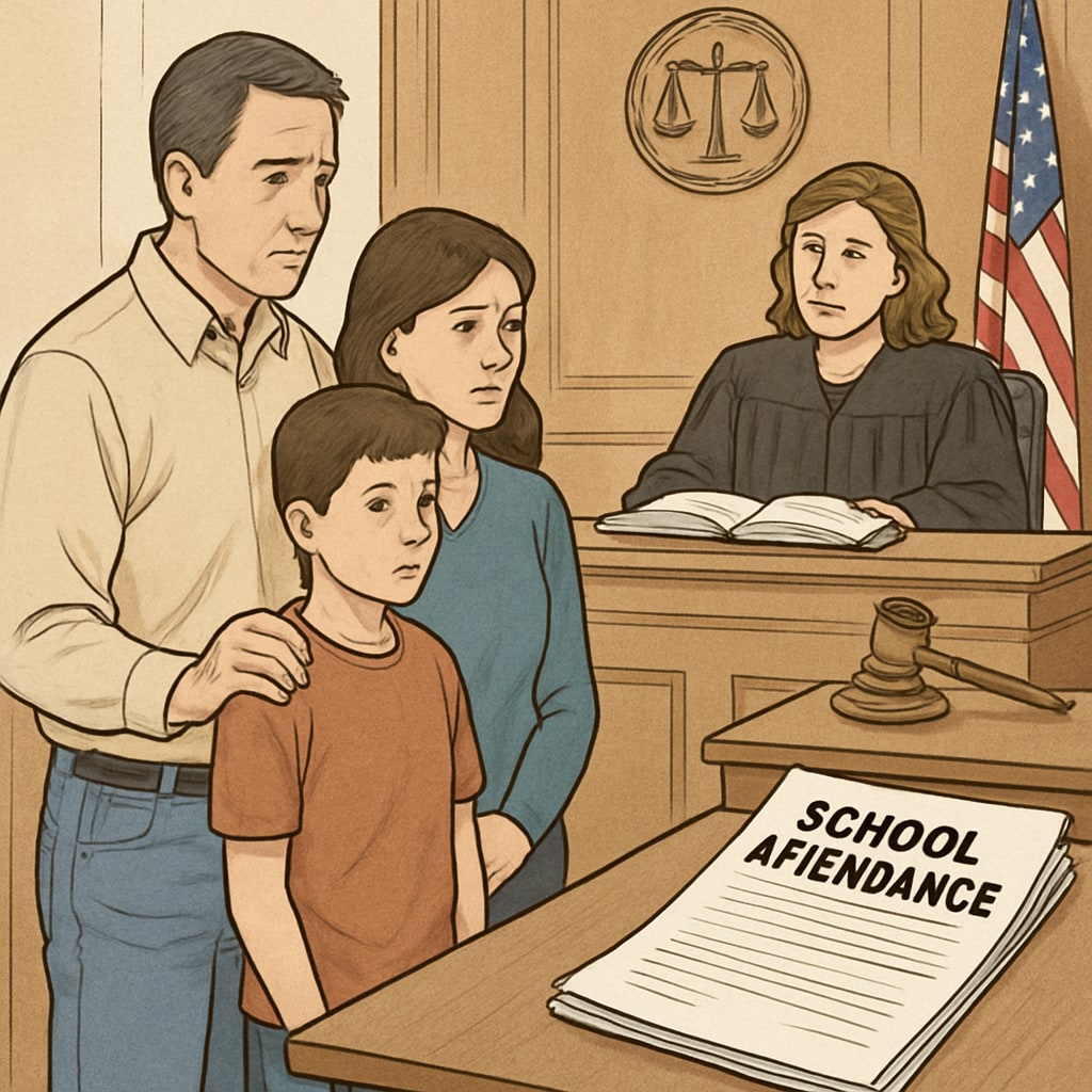 A family in a courtroom, representing the legal ramifications of strict school attendance enforcement. Family in a courtroom due to attendance-related legal issues.