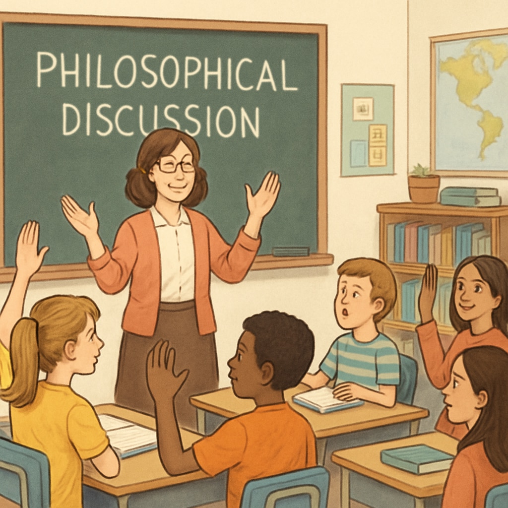 Students discussing philosophy in a classroom setting as part of a social experiment involving K-12 education.