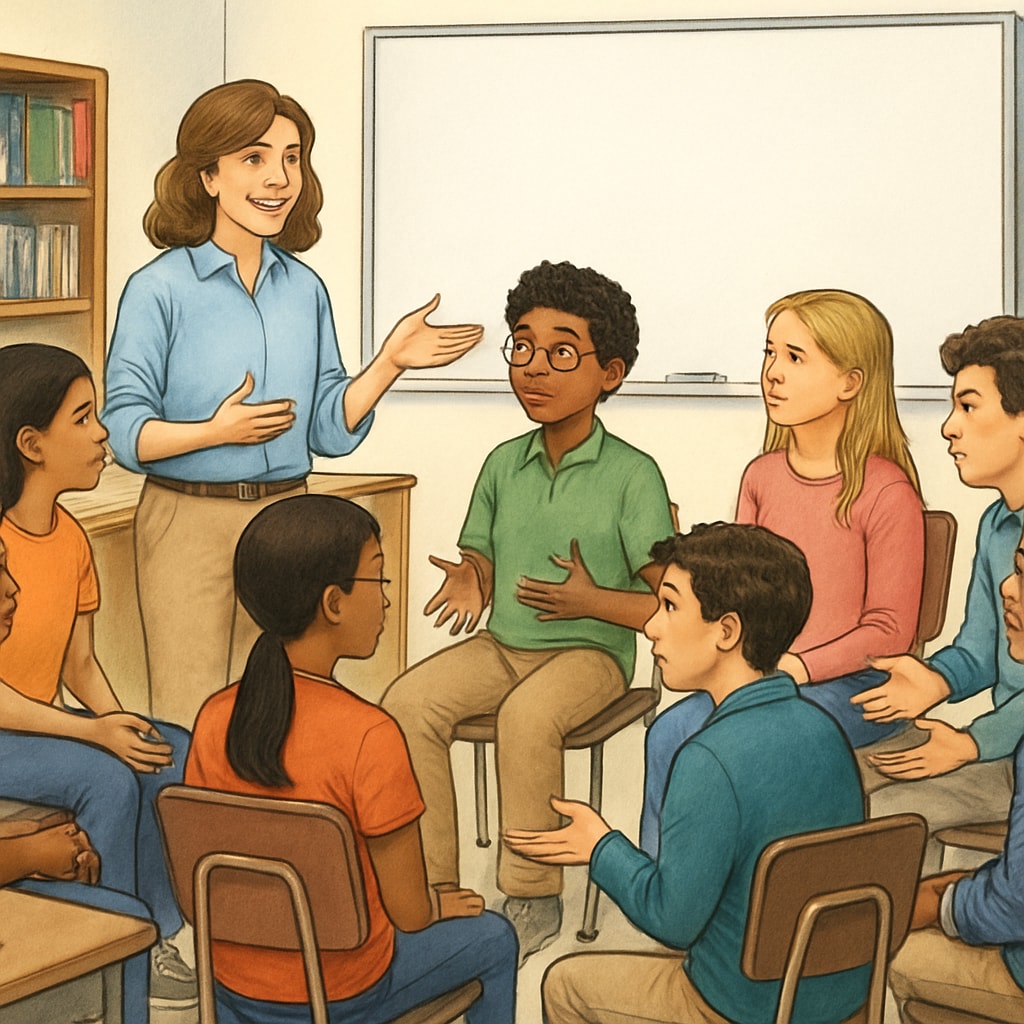Philosophy teacher conducting a Socratic seminar with K-12 students.