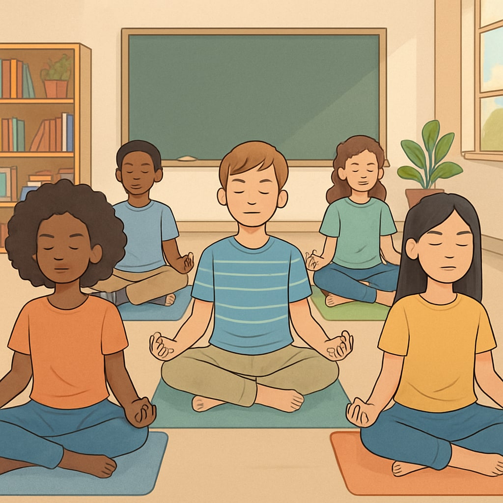A group of diverse students practicing meditation in a classroom, reflecting mindfulness in education. Students engaged in meditation exercises, inspired by Sadhguru's holistic education philosophy.
