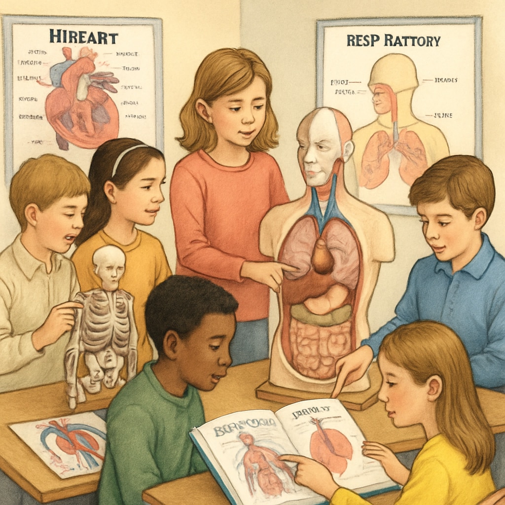 A classroom of K12 students engaged in a hands-on health science activity, such as identifying body systems using models or diagrams. K12 students learning about body systems as part of medical education resources.