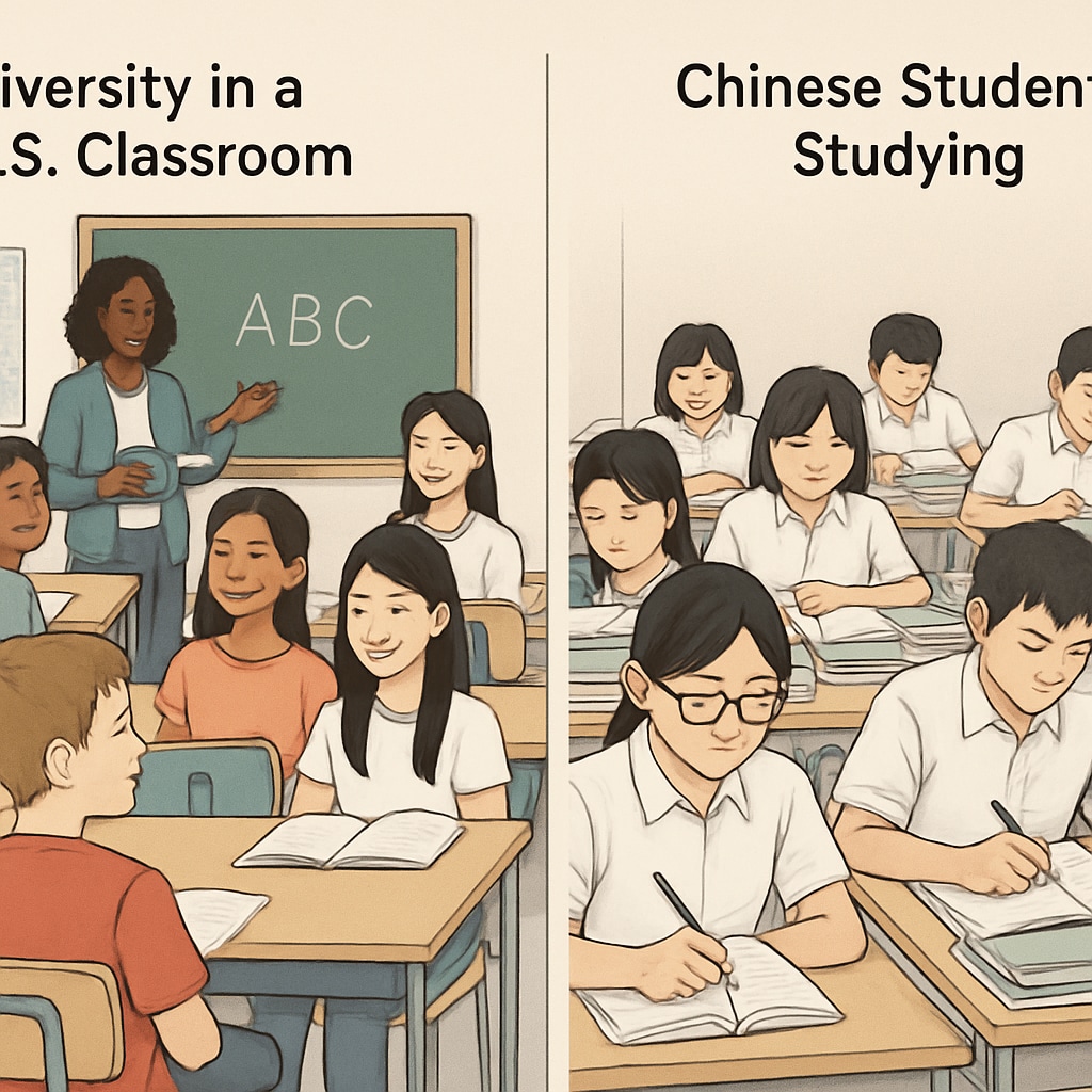 A comparative illustration of U.S. classroom diversity and Chinese students preparing for exams U.S. classroom diversity compared with Chinese students focused on standardized exams