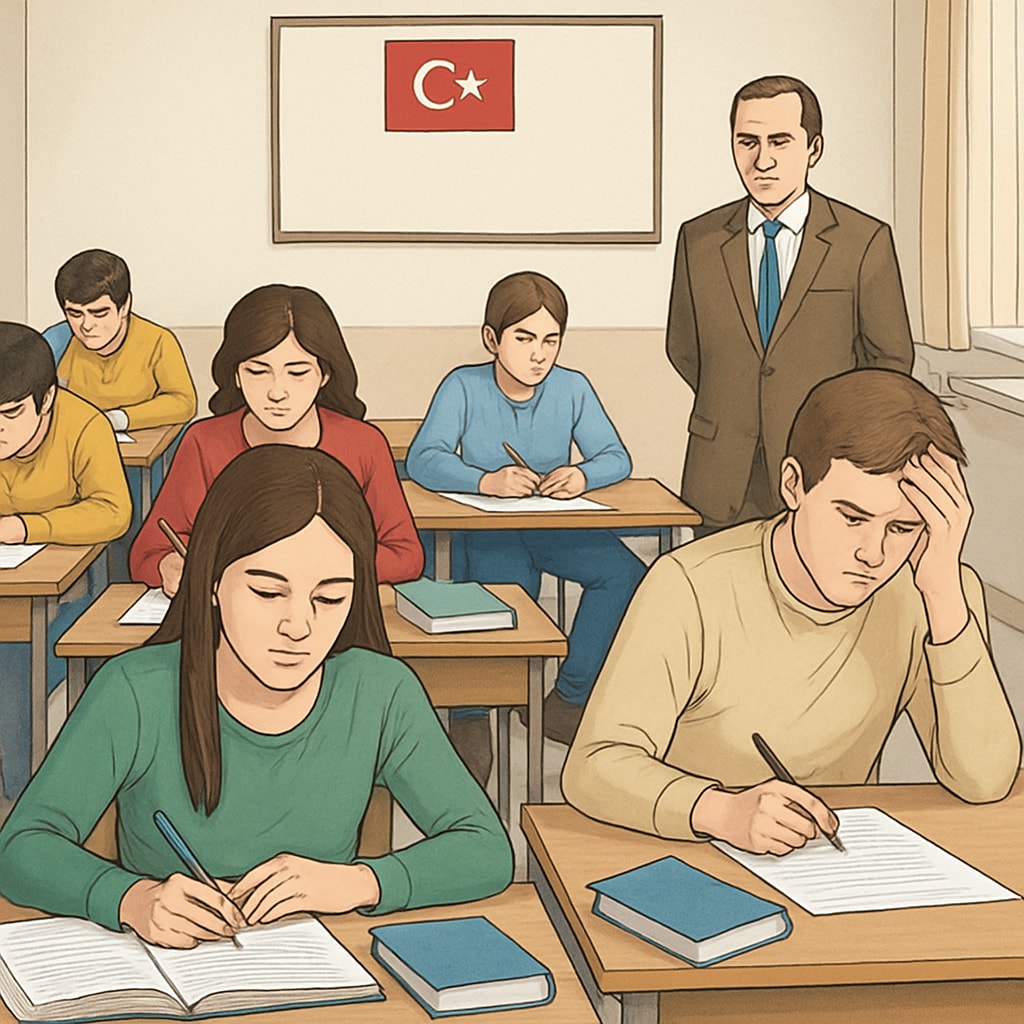 A classroom in Turkey with students preparing for a centralized exam, highlighting the intense focus on exam performance. Turkish students preparing for a centralized exam, reflecting exam pressure and limited course choices.