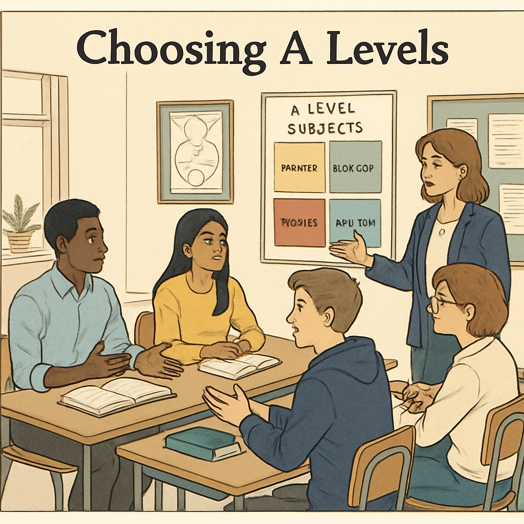 A UK classroom with students discussing their A Levels subject choices, illustrating the flexibility and personalized approach of the UK system. UK students discussing their personalized A Levels subject choices, showcasing educational flexibility.