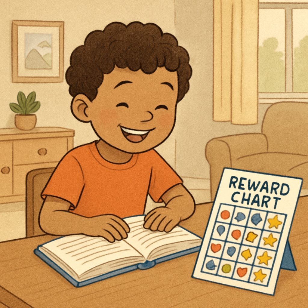 A child reading a book at home, smiling and engaged, with a homemade reward chart on the table nearby. Child reading at home with a reward system for reading comprehension.