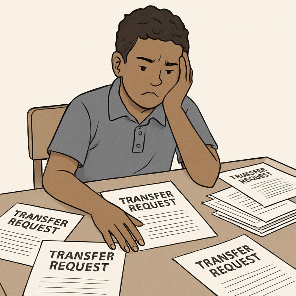 A student sitting at a desk with documents labeled “Transfer Request” while looking frustrated. The image highlights challenges in inter-district communication. Frustrated student dealing with school transfer request issues, emphasizing barriers in inter-district communication.