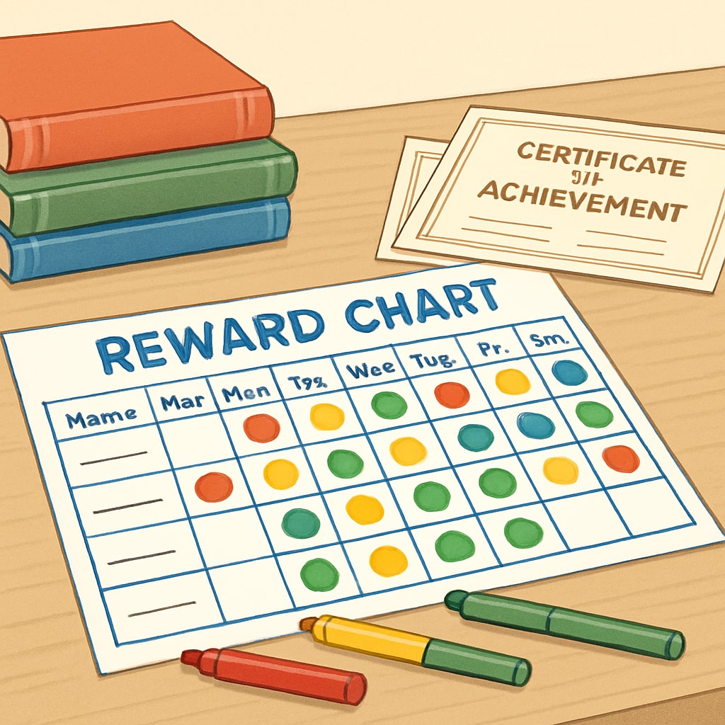 A homemade reward chart with stickers and colorful markers, placed on a desk alongside books and certificates. Homemade reward chart for motivating reading comprehension in children.