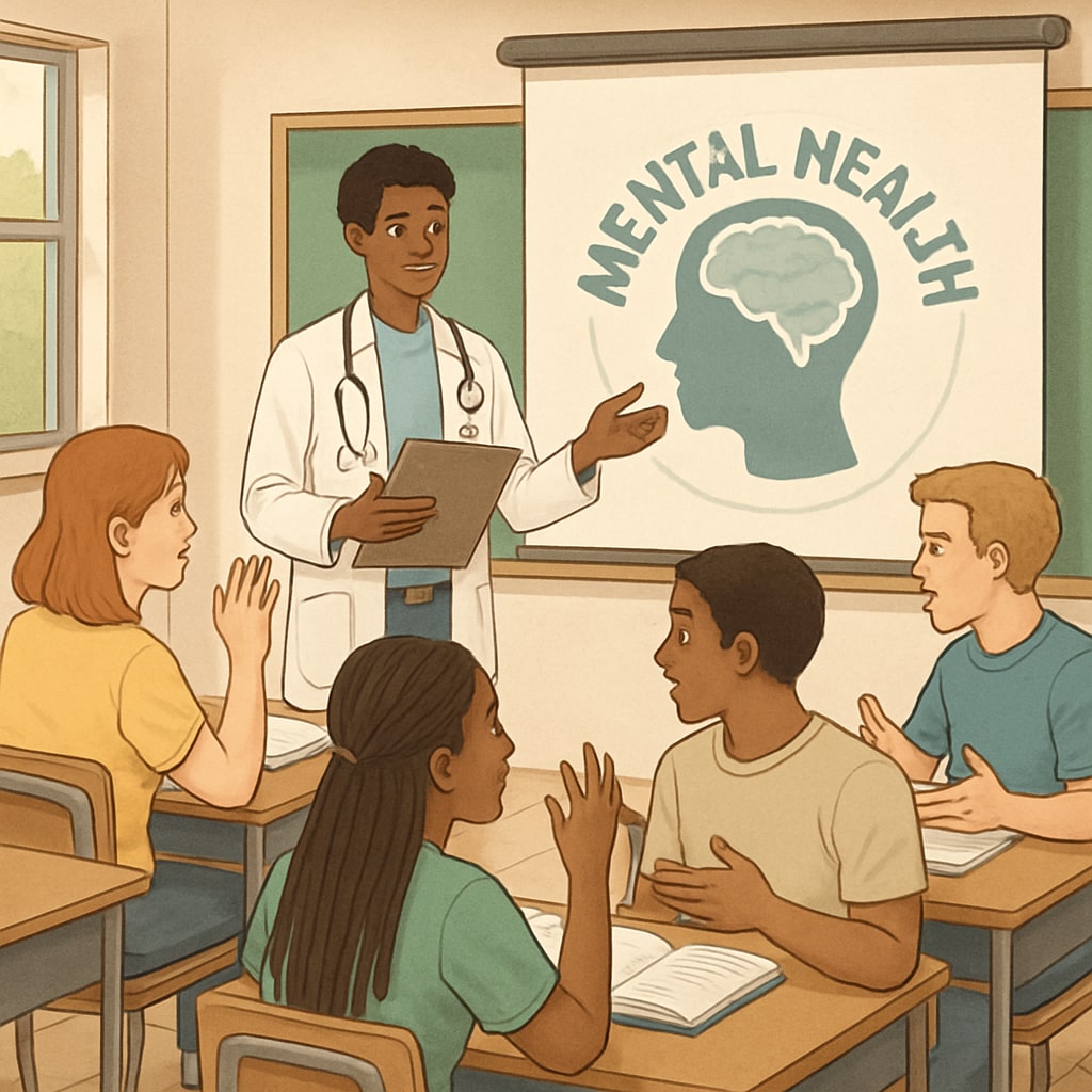 A medical student giving a mental health presentation in a high school classroom, with students actively participating in discussions. Medical student leading a mental health seminar with engaged high school students.