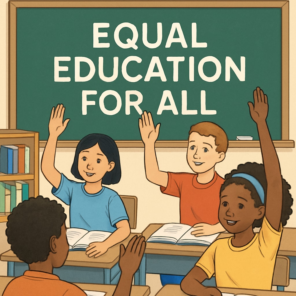 A diverse group of students raising hands in a classroom with the phrase “Equal Education for All” on the board. This image represents the importance of equity in education. Diverse students in a classroom advocating for equal education opportunities and fairness in school choice programs.