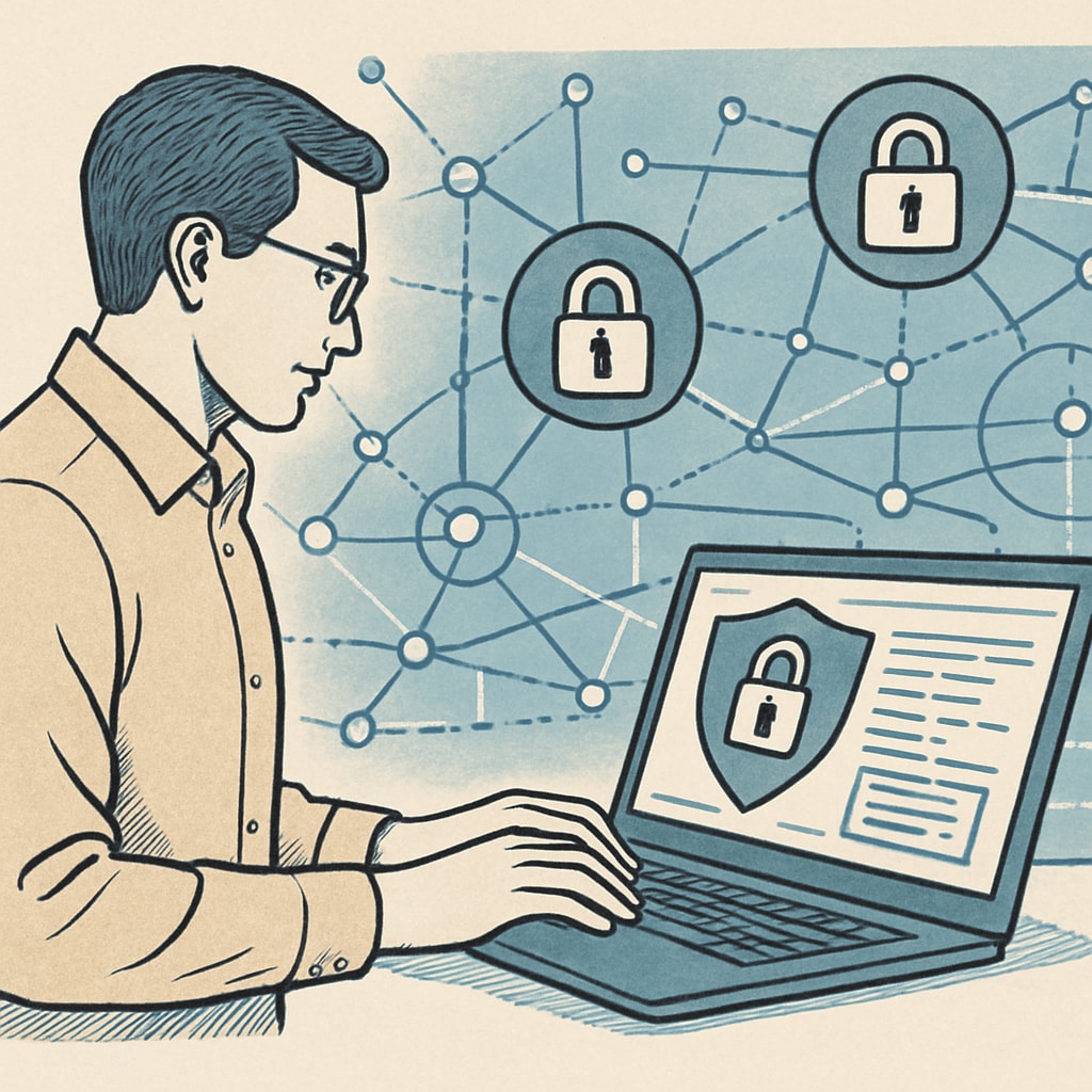 A professional working on cybersecurity software, showcasing a digital network with secure data encryption. Cybersecurity professional working on secure data encryption.