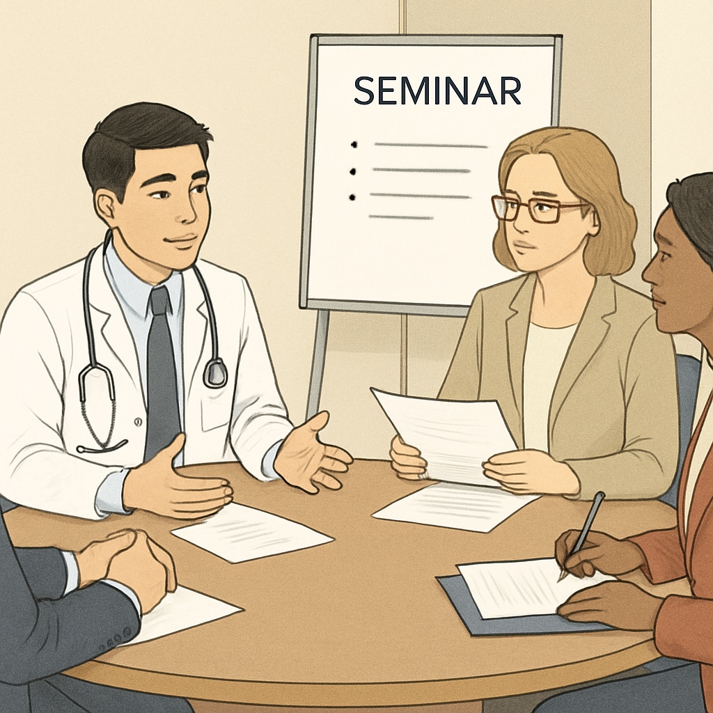 A medical student meeting with high school administrators to discuss seminar details in a formal setting. Medical student discussing mental health seminar plans with high school staff.