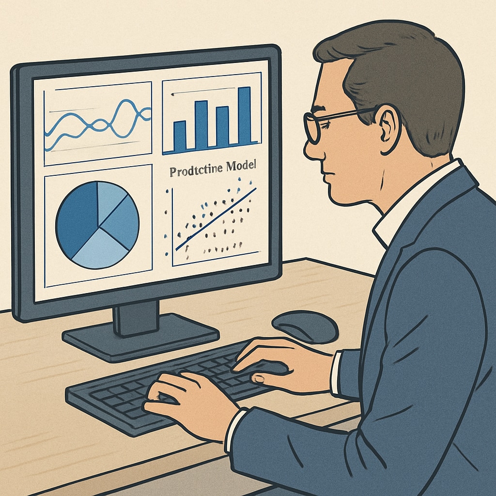A data scientist analyzing a visualization dashboard with graphs and predictive models on a computer screen. Data scientist analyzing predictive models on a dashboard.