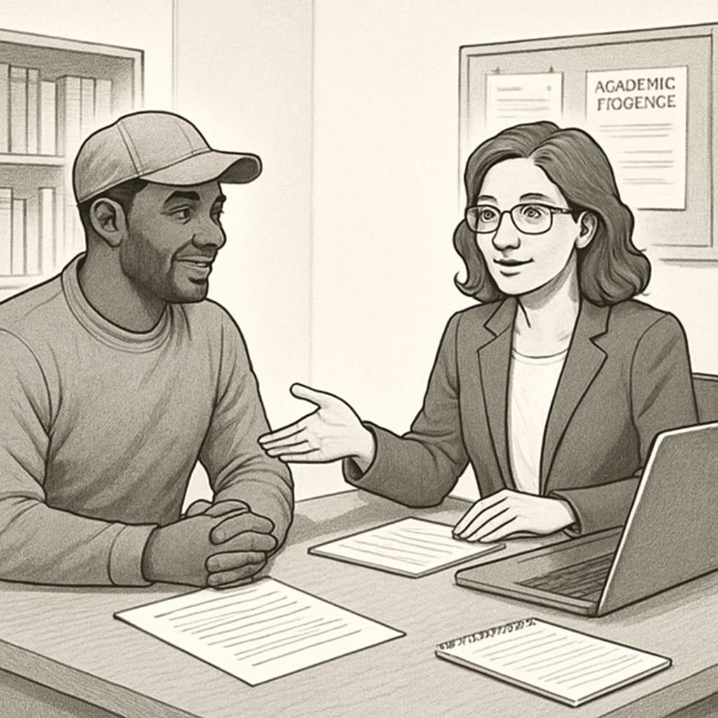 A military veteran meeting with a college advisor, discussing academic programs and credit transfer options. A veteran discussing credit transfers for an automotive technology associate degree.