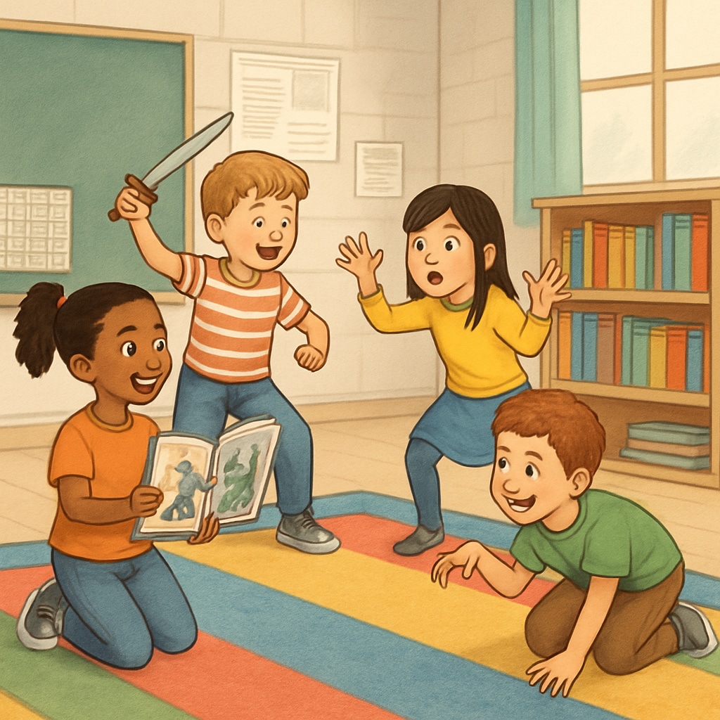 Children enthusiastically acting out scenes from a book together on a colorful rug. Kids role-playing book scenes, promoting reading comprehension through interactive activities.