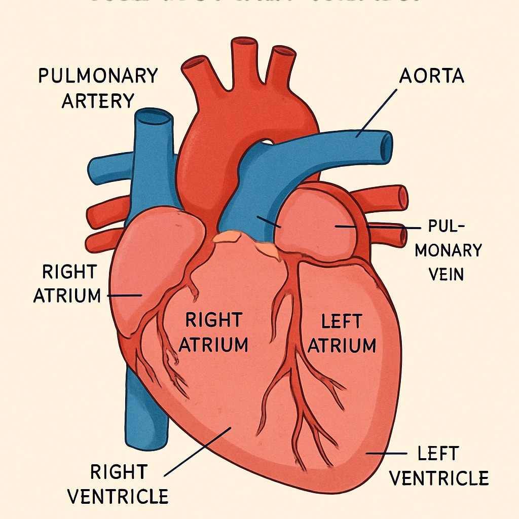 A visually engaging illustration of the human heart labeled with basic parts such as atria, ventricles, and arteries, designed for educational purposes. Labeled diagram of the human heart for cardiology education.