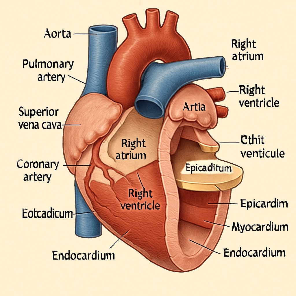 An example of an interactive 3D heart model from an educational app, showing different layers and arteries of the heart. Interactive 3D heart model for cardiology learning.