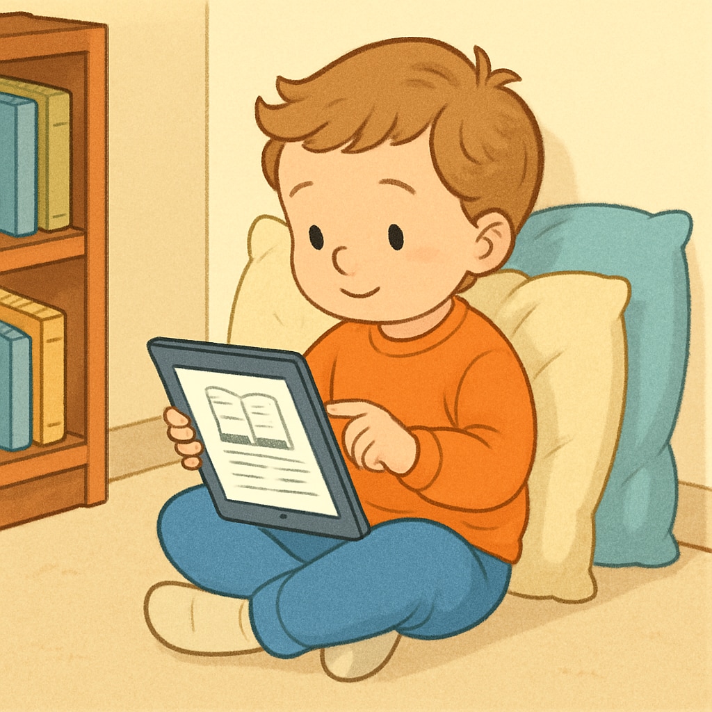 A young child using a tablet to read an e-book in a cozy corner. Child reading an e-book, demonstrating free digital resources for reading practice.