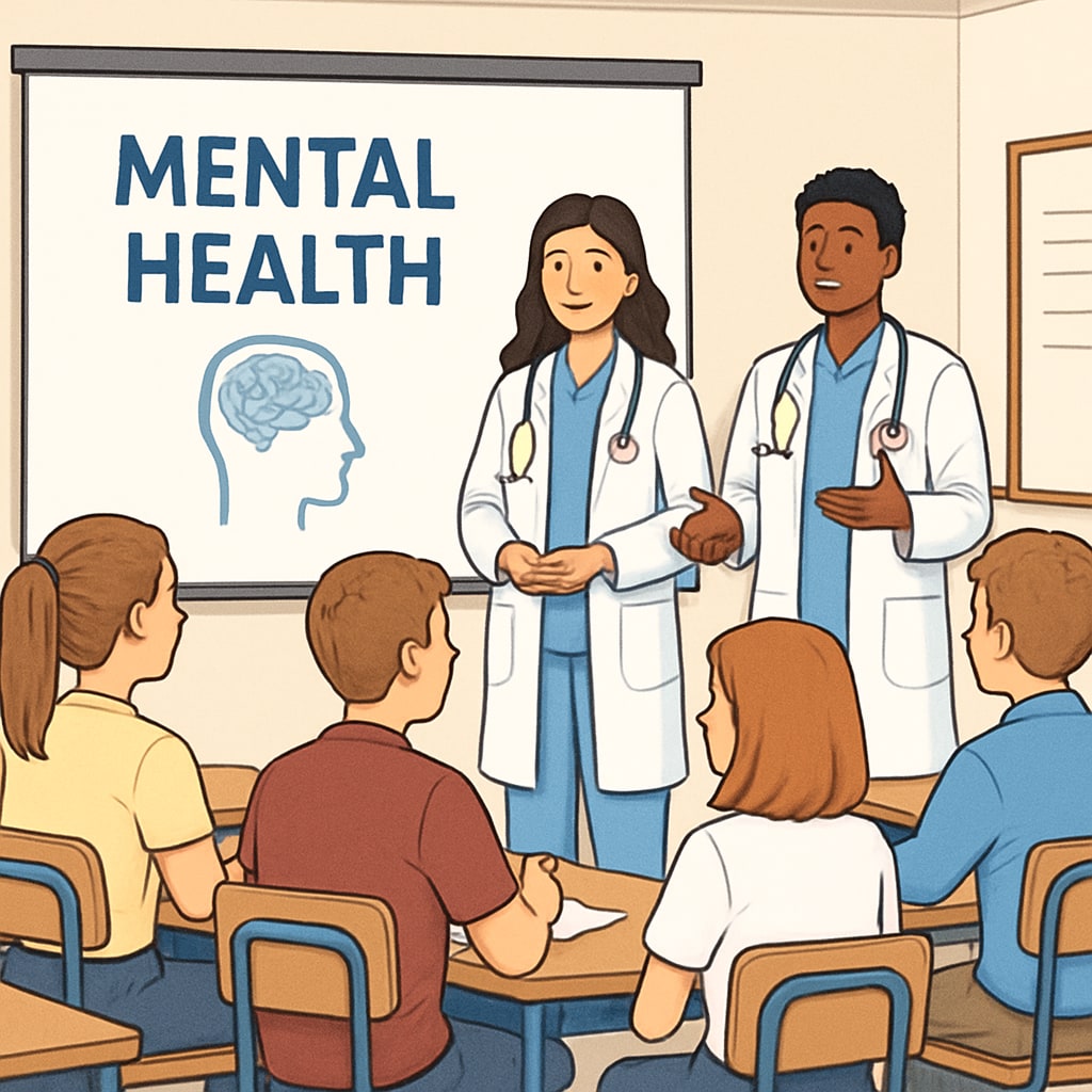 A group of high school students listening intently during a mental health seminar led by medical students. High school students attending a mental health seminar hosted by medical students.