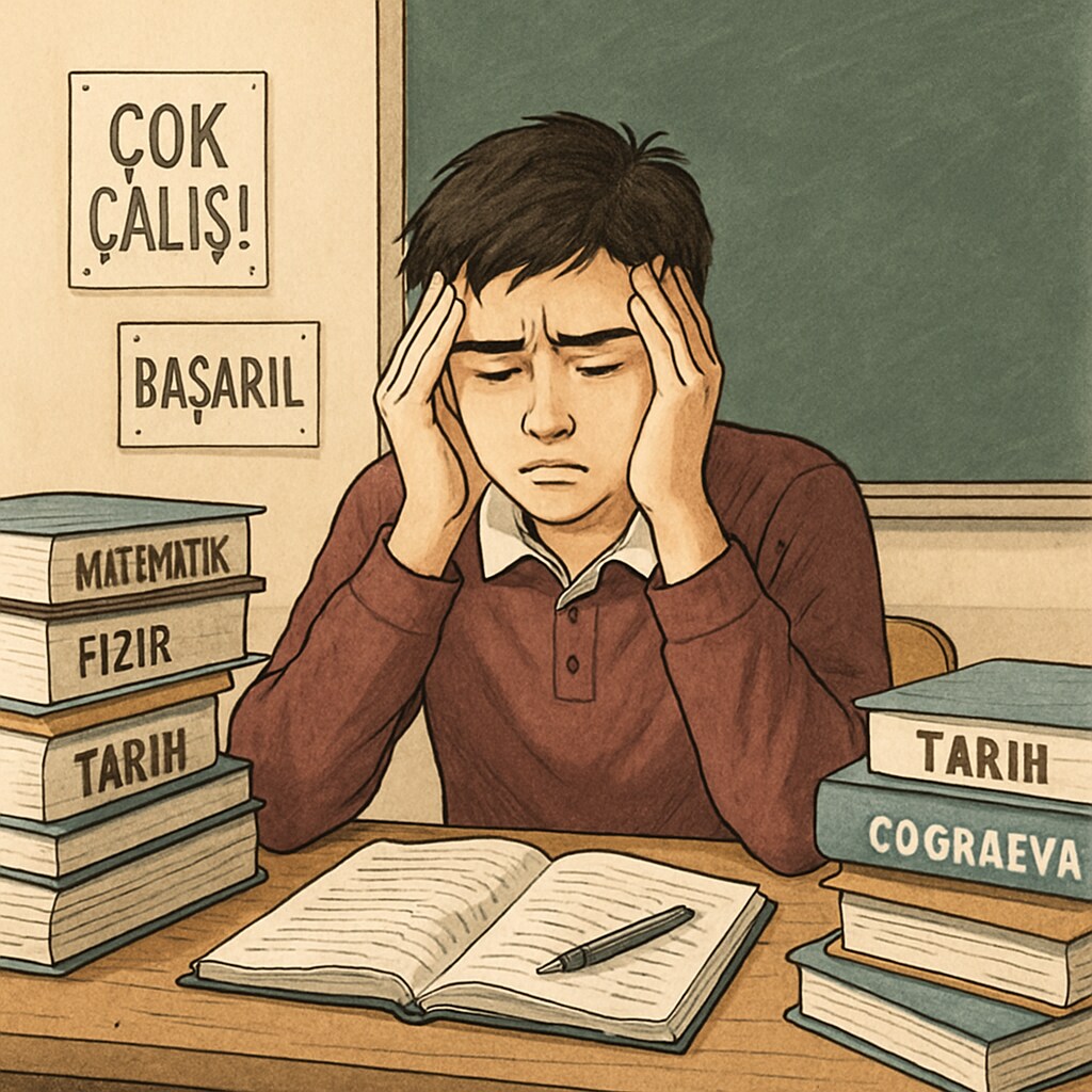 A high school student in Turkey, overwhelmed by exam preparation, surrounded by textbooks. This image illustrates the impact of exam-driven education on students' mental health. A Turkish student stressed by exam pressure, reflecting the challenges of Turkey's education system.