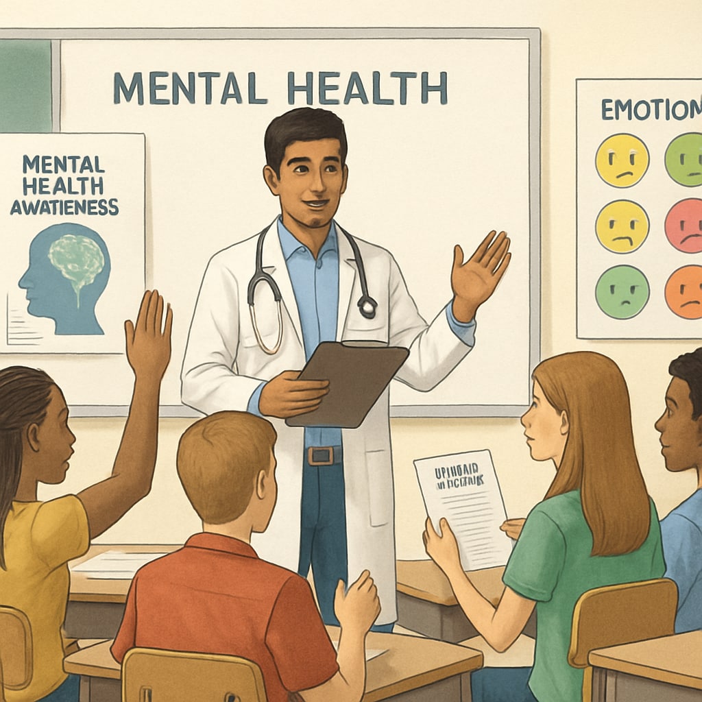 A medical student facilitating an interactive activity during a high school mental health seminar. Medical student leading an activity in a mental health seminar for high school students.