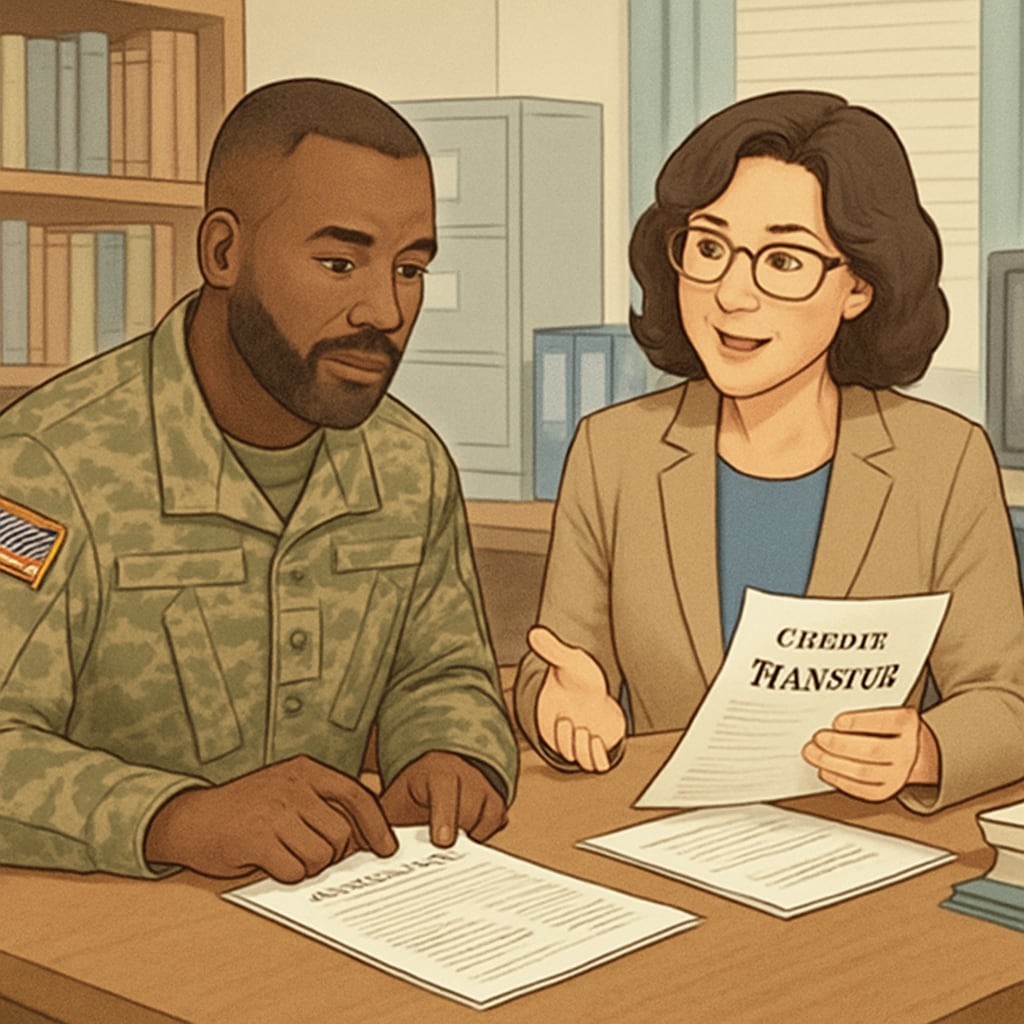 A military veteran reviewing academic transcripts with a college counselor to discuss credit transfer options for an automotive technology bachelor's degree. Military veteran discussing credit transfer for automotive technology bachelor's degree.