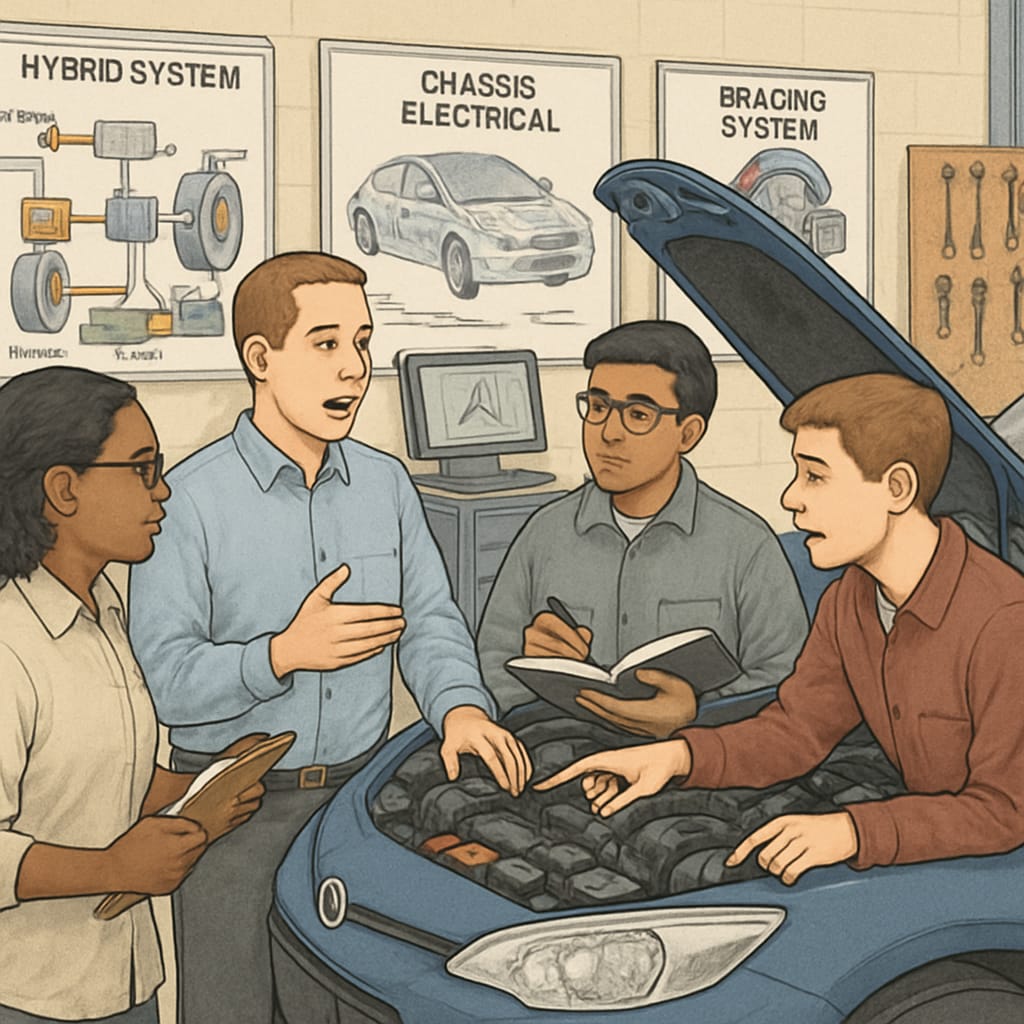 A classroom of students in an automotive technology lab, discussing advanced vehicle systems. Students discussing automotive technology in a lab setting