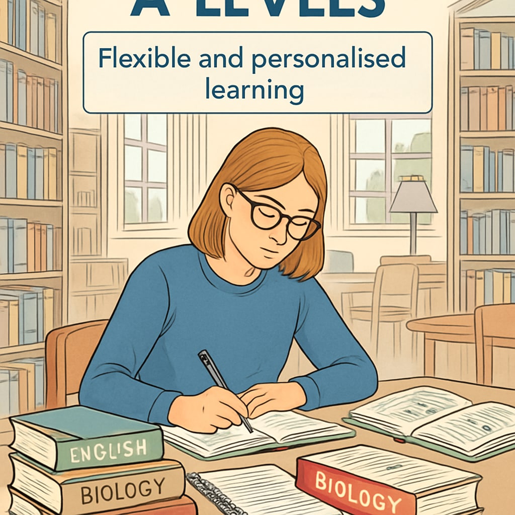 A British student studying in a library, focusing on chosen A Levels subjects. This image highlights the flexibility and personalized learning approach of the UK’s education model. A UK student engaged in A Levels studies, showcasing the benefits of a flexible education system.