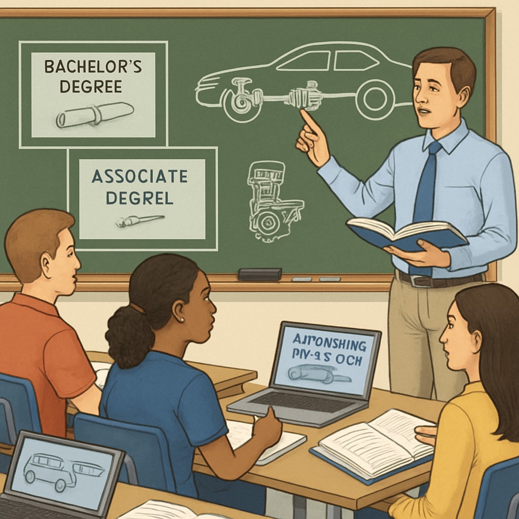 A classroom setting with students learning advanced automotive technology concepts, emphasizing the academic progression from associate to bachelor's degree. Students learning advanced automotive technology concepts in a classroom.