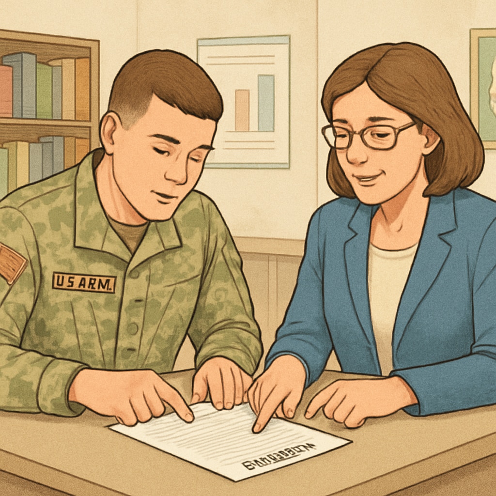 A military student sitting at a desk, reviewing a transcript with an academic advisor. Military student reviewing academic transcript for credit transfer