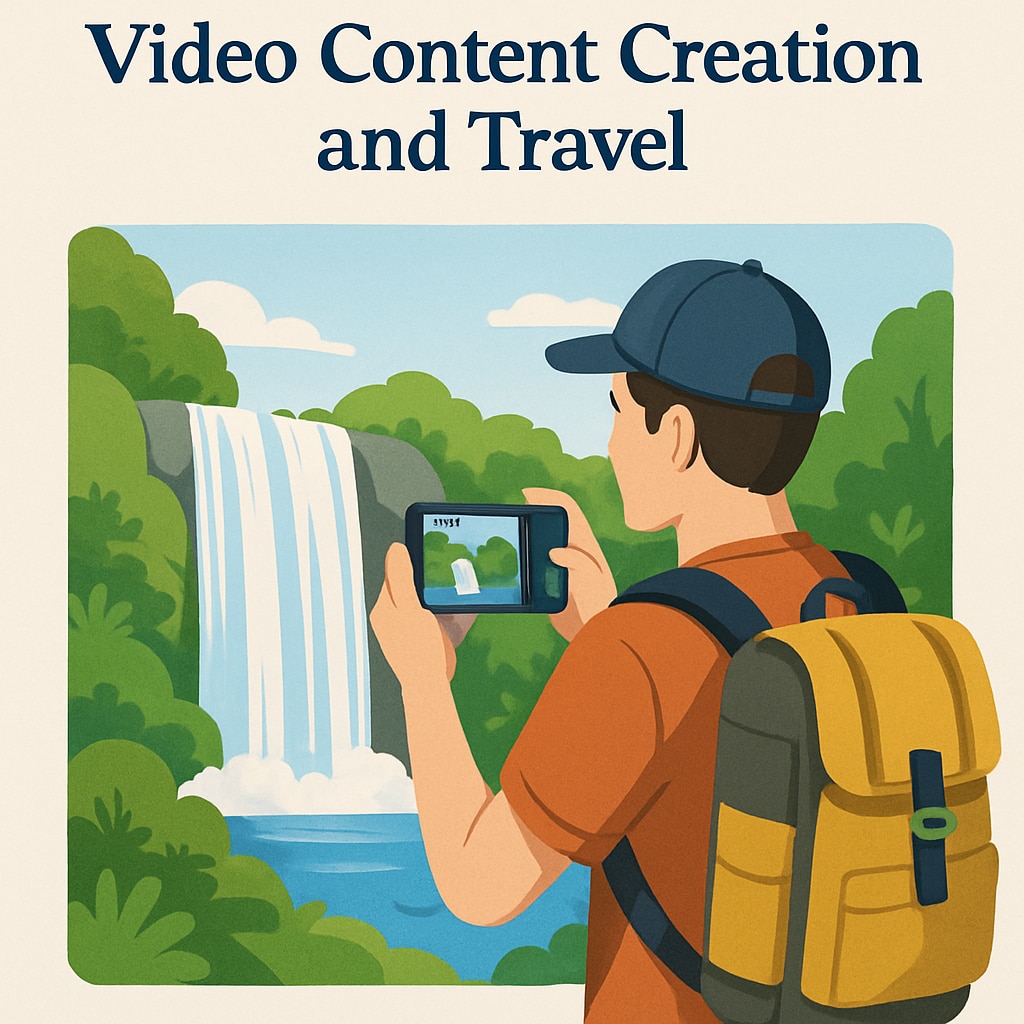 A vibrant traveler capturing a short video of a scenic waterfall, symbolizing the connection between video content and travel inspiration. Short video of a traveler at a scenic waterfall, linking video content to travel inspiration.