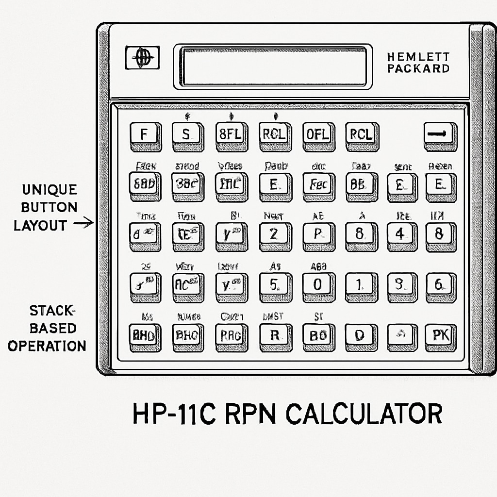 A technical illustration of an HP 11c RPN calculator, showcasing its unique button layout and stack-based operation. HP 11c RPN calculator with stack-based operation and unique button layout