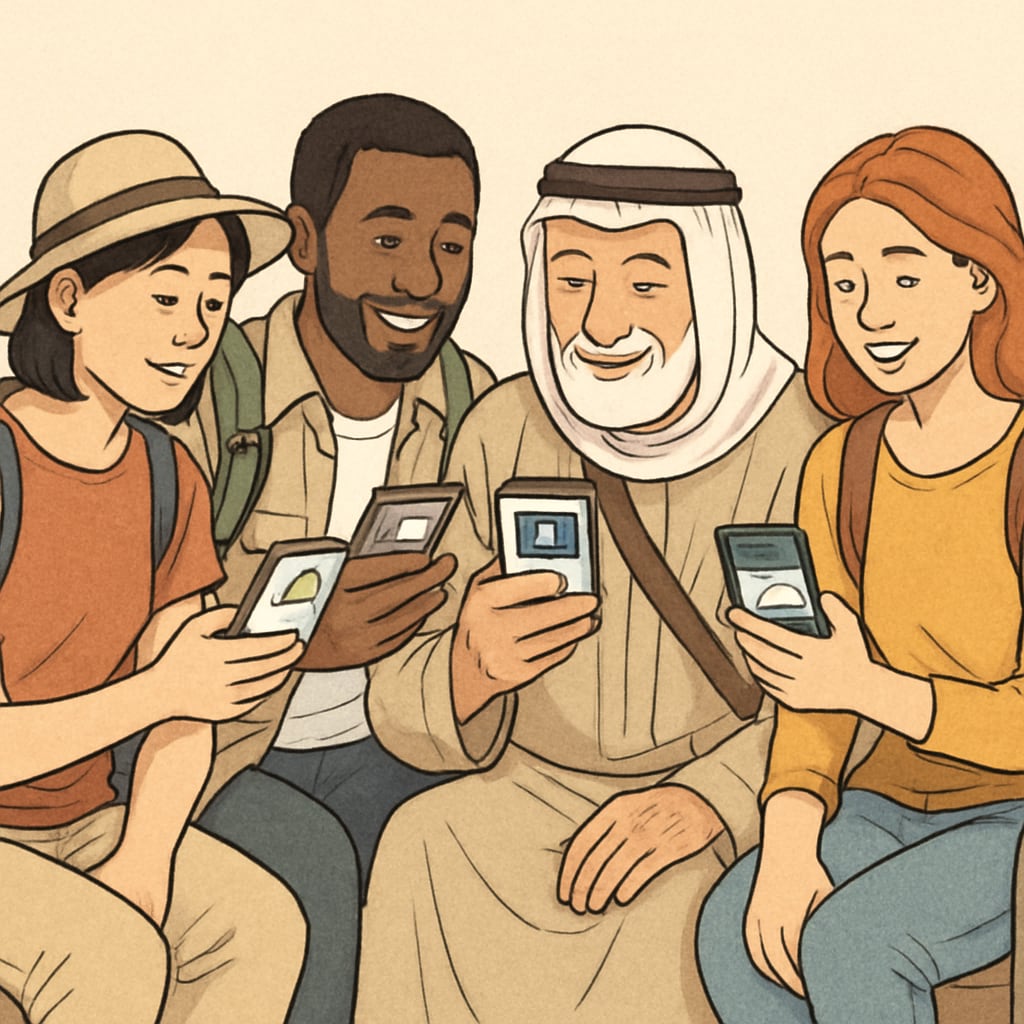 A diverse group of travelers watching short videos on their smartphones, reflecting the global impact of social media on tourism. Travelers using smartphones to view short videos about travel destinations.