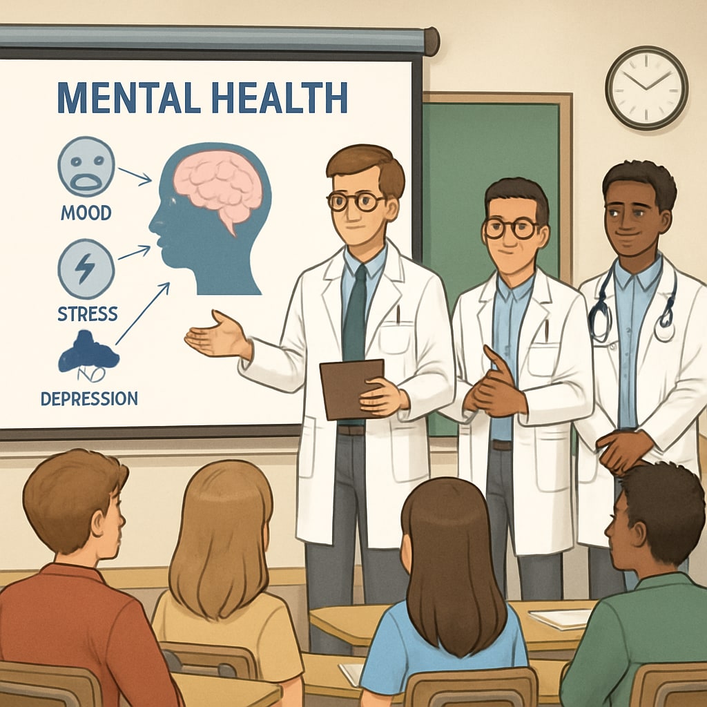Medical students giving a mental health presentation to high schoolers in a classroom setting. Medical students discussing mental health topics with high school students.