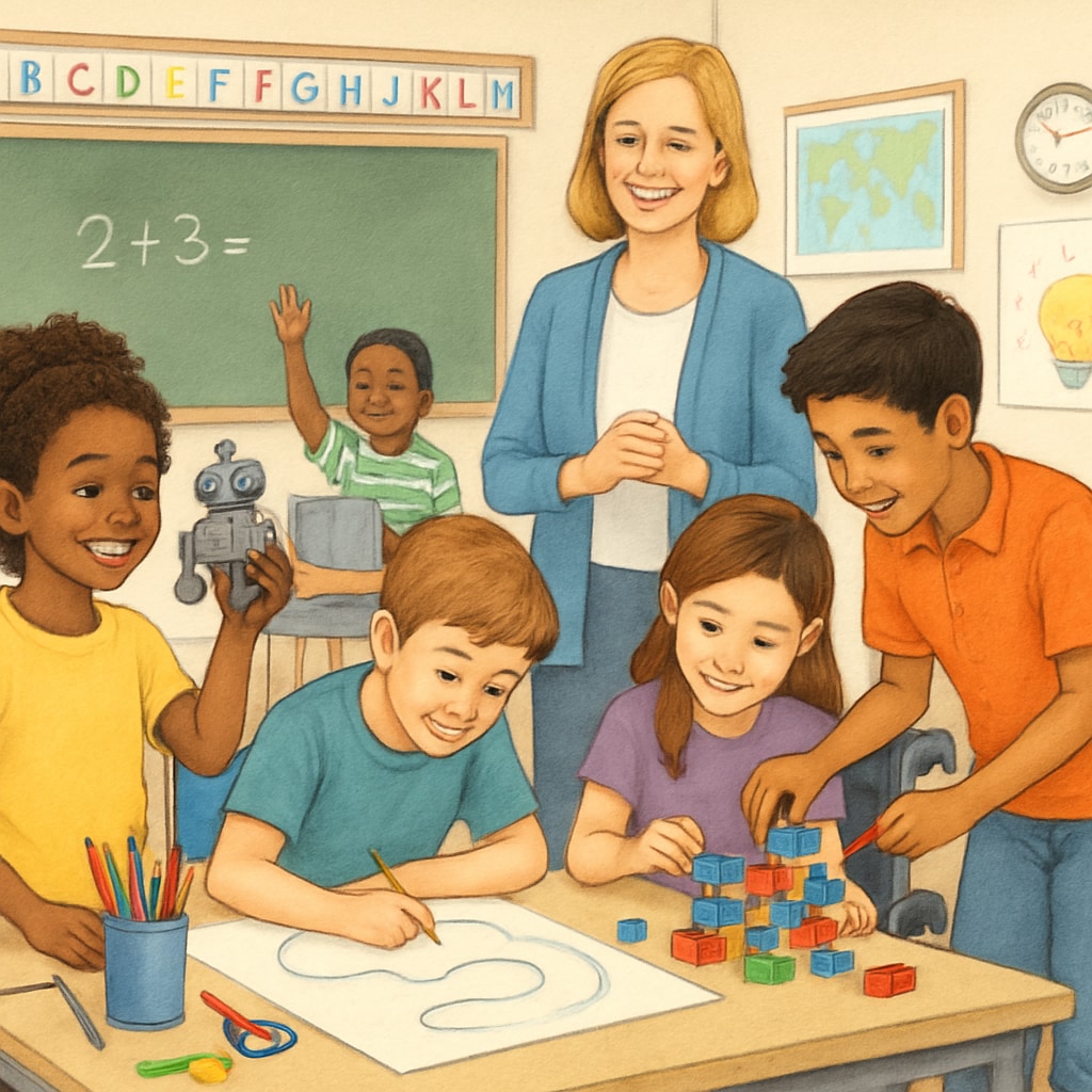 A classroom with diverse students engaging in innovative learning activities, representing how public schools can adapt to remain competitive. Students in a public school classroom participating in innovative learning activities, highlighting education vouchers’ impact.