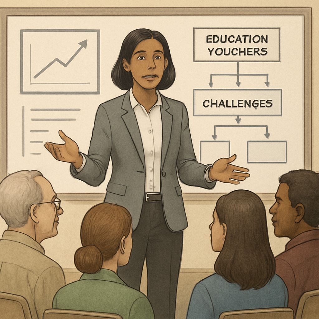 A school administrator presenting innovative strategies during a community meeting to address education voucher challenges. School administrators sharing innovative strategies to address challenges posed by education vouchers and funding loss.