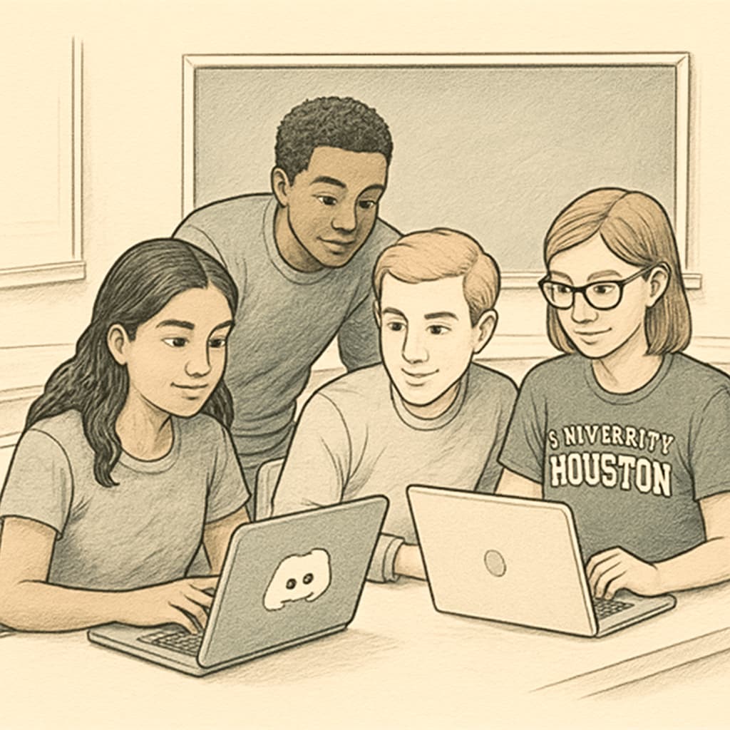 Students collaborating on laptops, showcasing how digital platforms like Discord are used for study groups at UH. Students using Discord for collaborative study groups at UH.