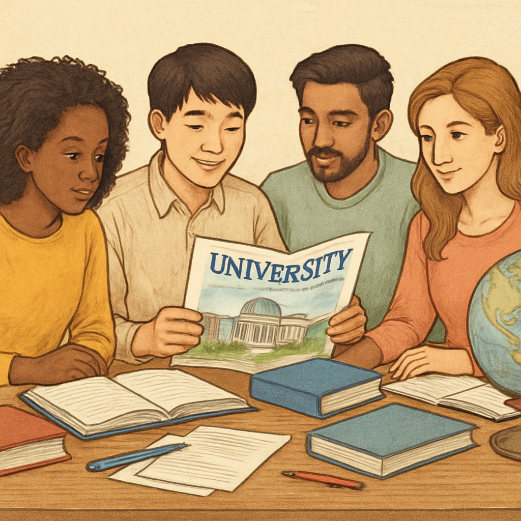 A diverse group of international students reviewing university brochures, symbolizing affordable global education options. Diverse international students reviewing brochures for affordable AS-level university options.