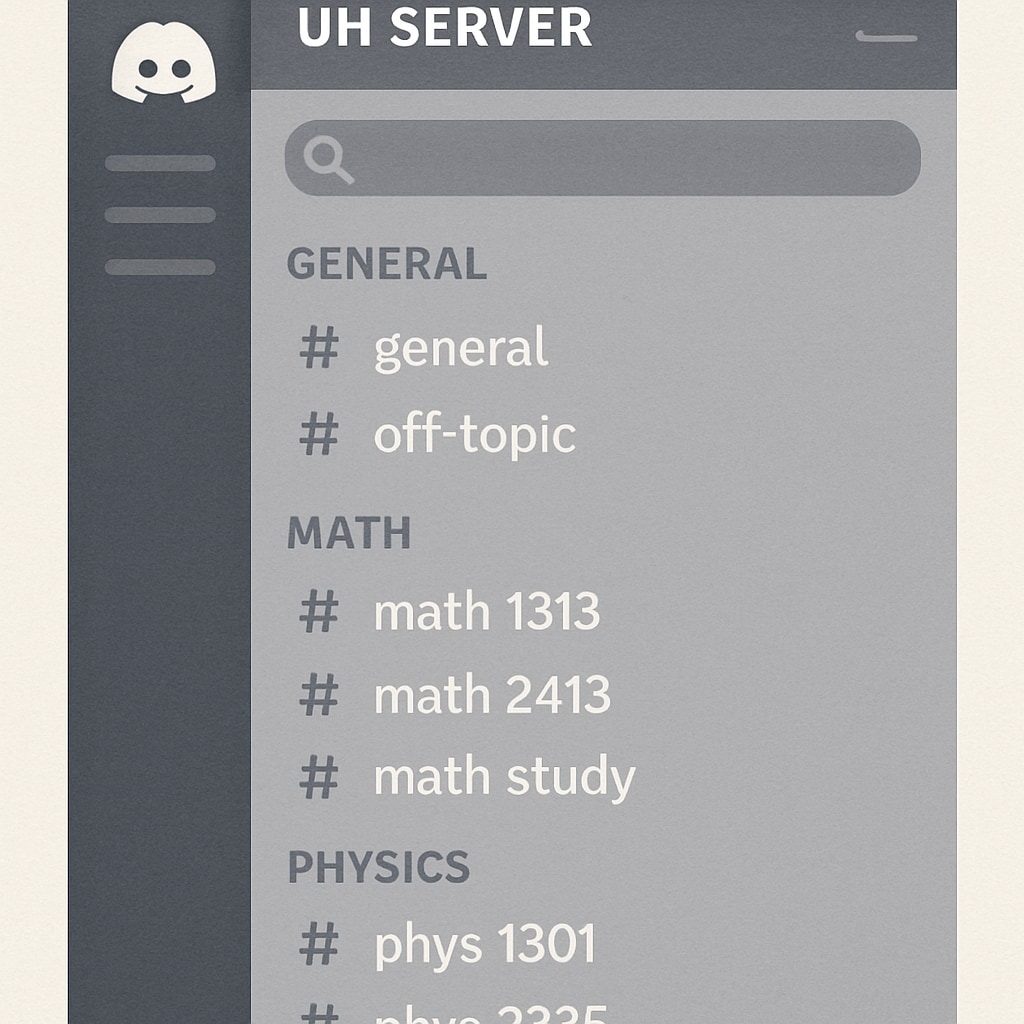 A screenshot of a well-organized Discord server with channels dedicated to different UH courses and study topics. Discord server layout for UH study groups with categorized channels.