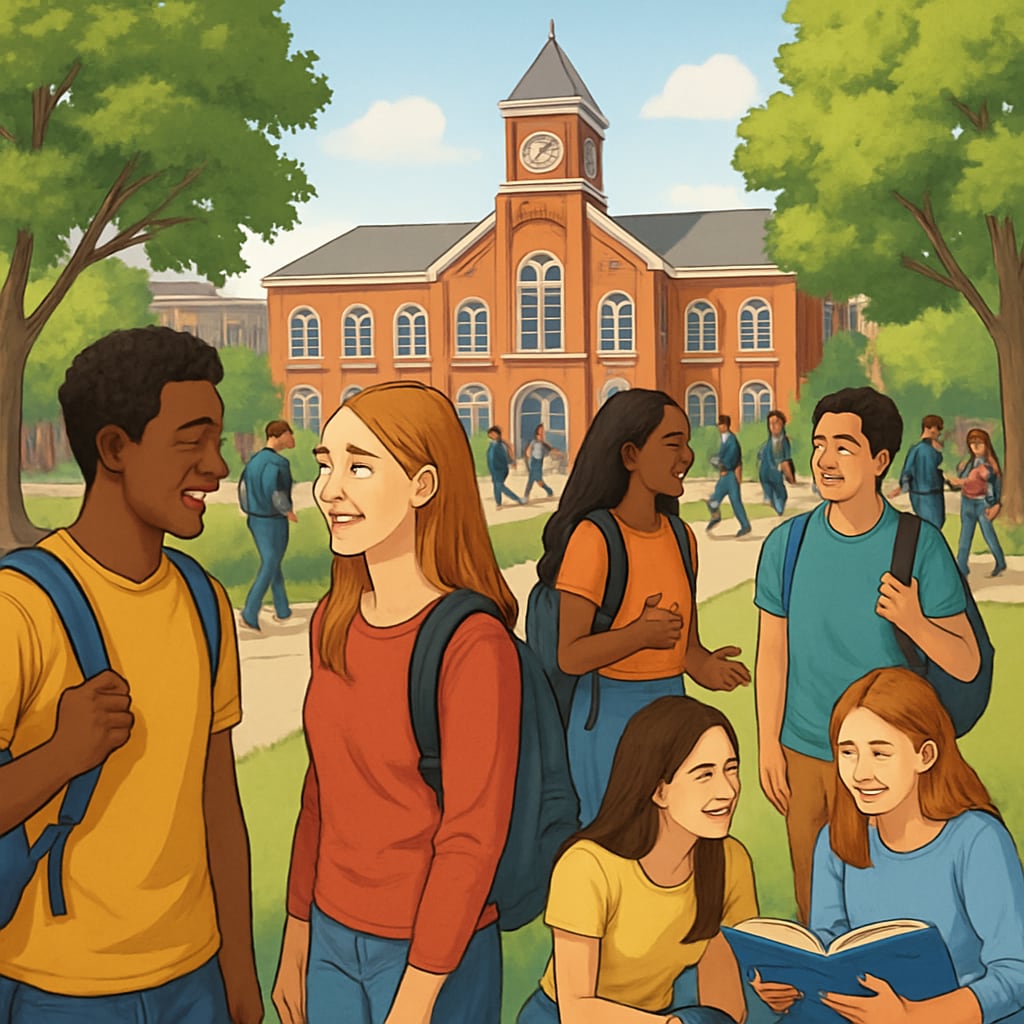 A vibrant college campus with students interacting, showcasing the social life component of university selection. College campus emphasizing social life for nursing program transfers.