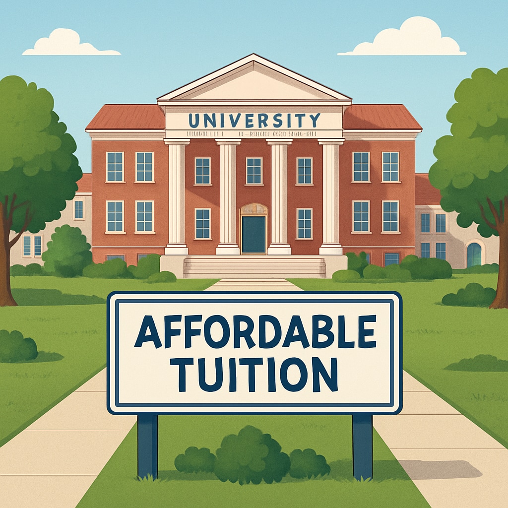 A university campus with affordable tuition signage, emphasizing cost-conscious education options. University campus with a sign promoting affordable tuition for AS-level students.
