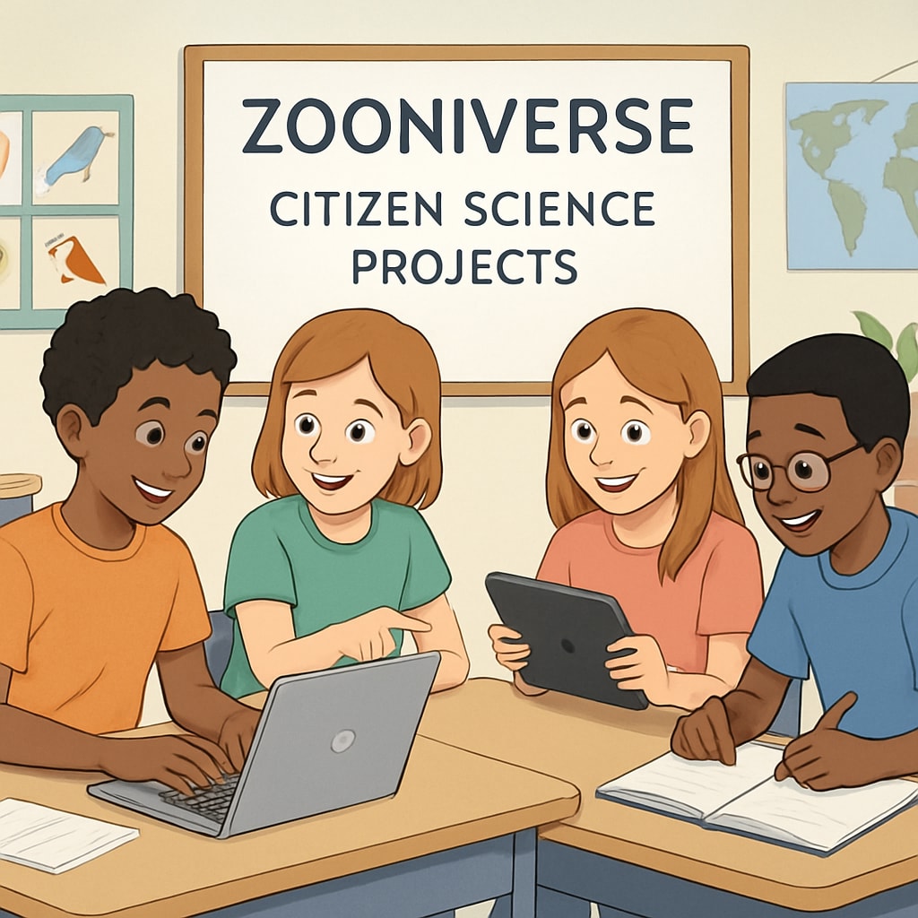 K12 students engaging in Zooniverse citizen science projects in a classroom setting.