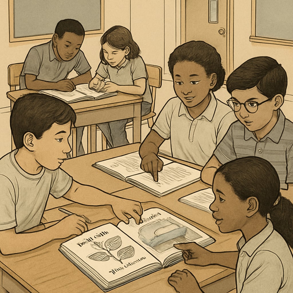 Students collaborating in small groups with bilingual science materials, showcasing peer learning and differentiated instruction techniques. Students using bilingual materials to learn science in an inclusive classroom.