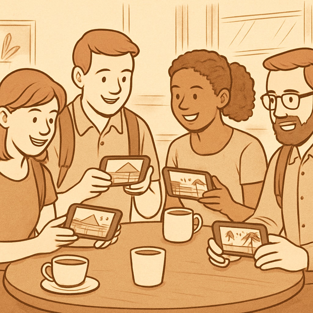 A group of travelers watching tourism short videos on their smartphones at a cafe. Travelers viewing tourism short videos on smartphones.