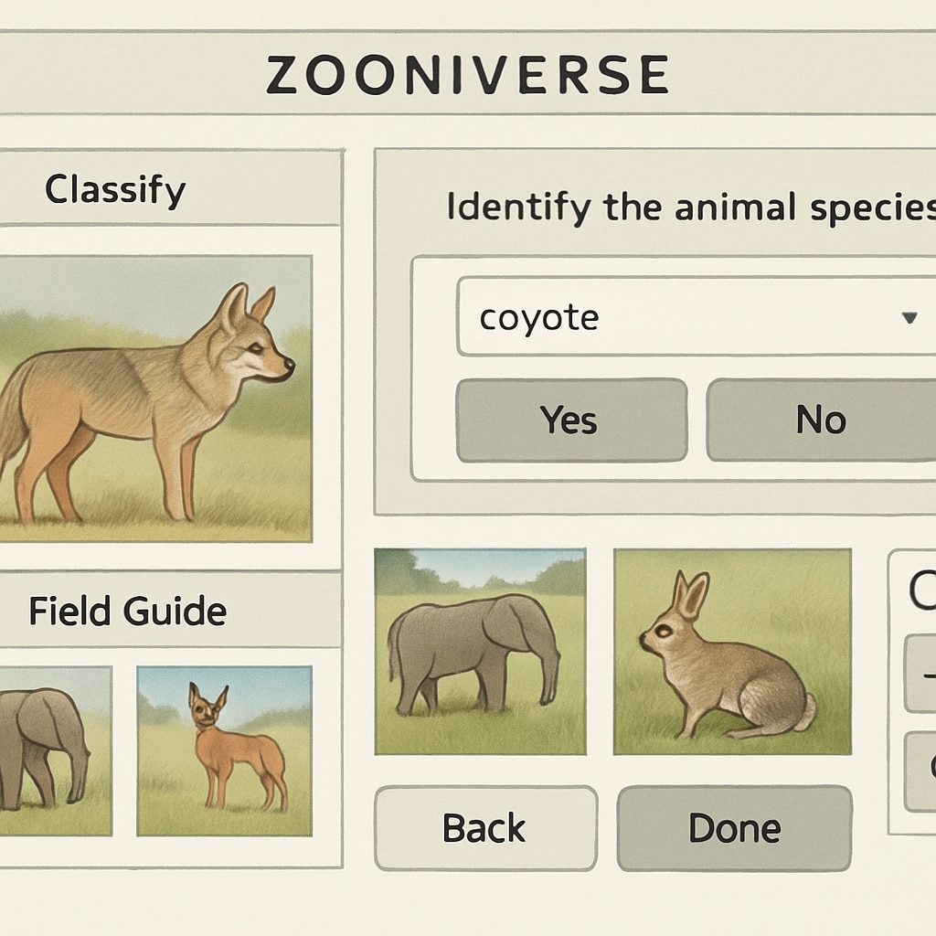 Zooniverse project interface showcasing citizen science tasks like wildlife identification.