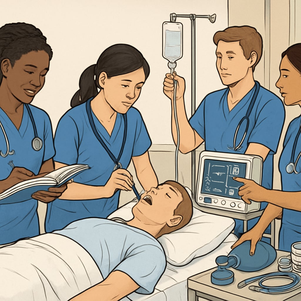 A diverse group of nursing students in a clinical simulation lab, reflecting the dynamic learning environments of nursing programs. Nursing students in a clinical lab gaining hands-on experience.