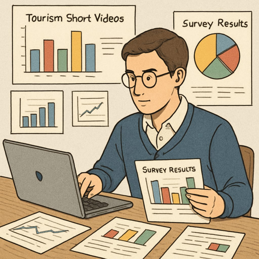 An academic researcher analyzing survey data on tourism short videos using a laptop. Researcher working on survey data for tourism short videos.